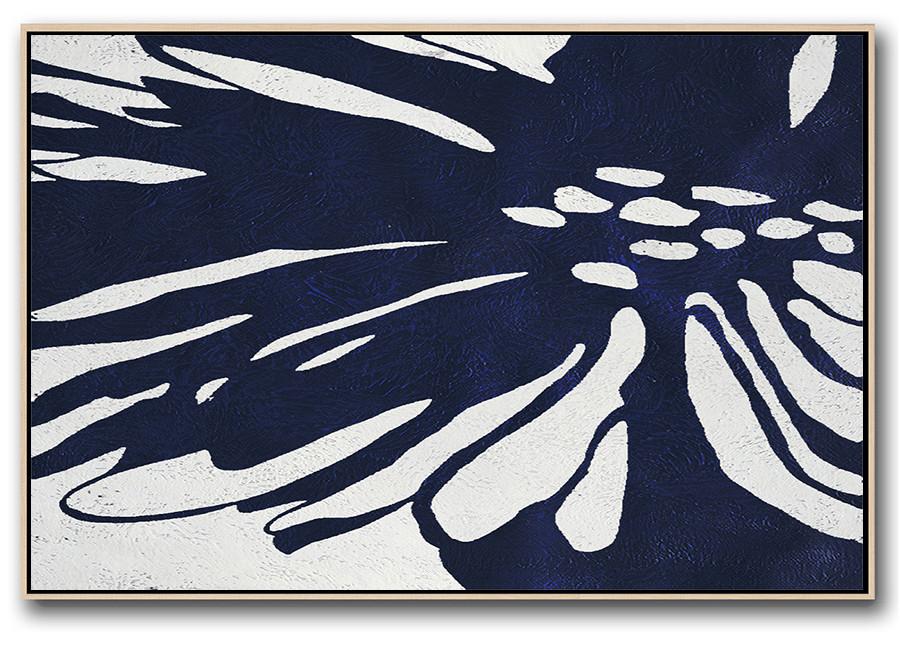 Large Canvas Wall Art For Sale,Horizontal Abstract Painting Navy Blue Minimalist Painting On Canvas,Hand Painted Original Art